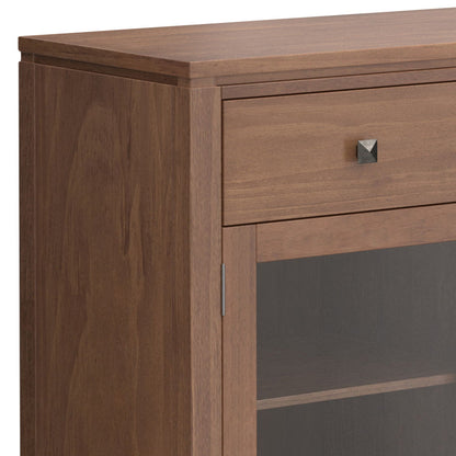 Handcrafted walnut sideboard with glass-front cabinet and top drawer on Tampa Home & Garden Store