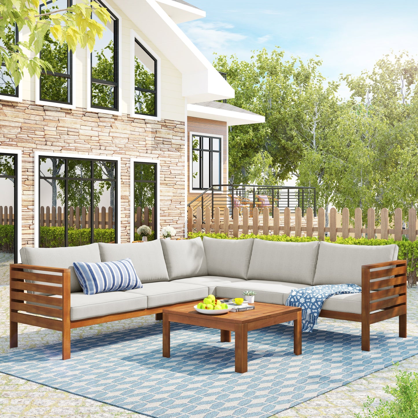 Wood Structure Outdoor Sofa Set with Beige Cushions by HouseOfZazla, wooden sectional on Tampa Home & Garden Store