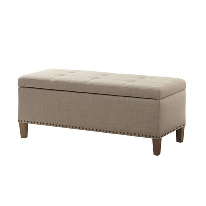 Modern tufted gray storage bench with soft-close lid, nailhead trim, wood legs on Tampa Home & Garden Store