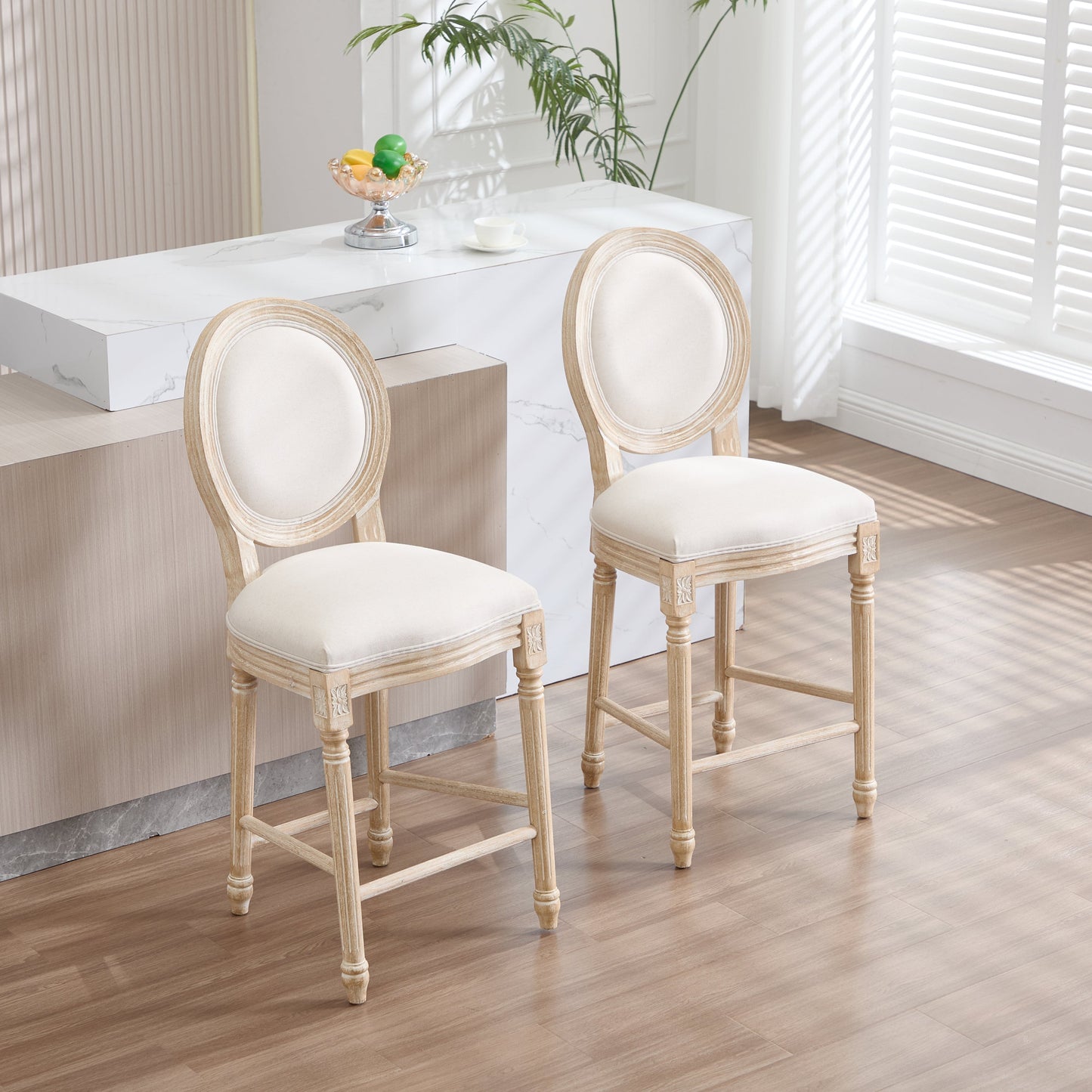 French Country 26in Height Bar Chairs set of 2 with light wood frame and cream upholstery on Tampa Home & Garden Store