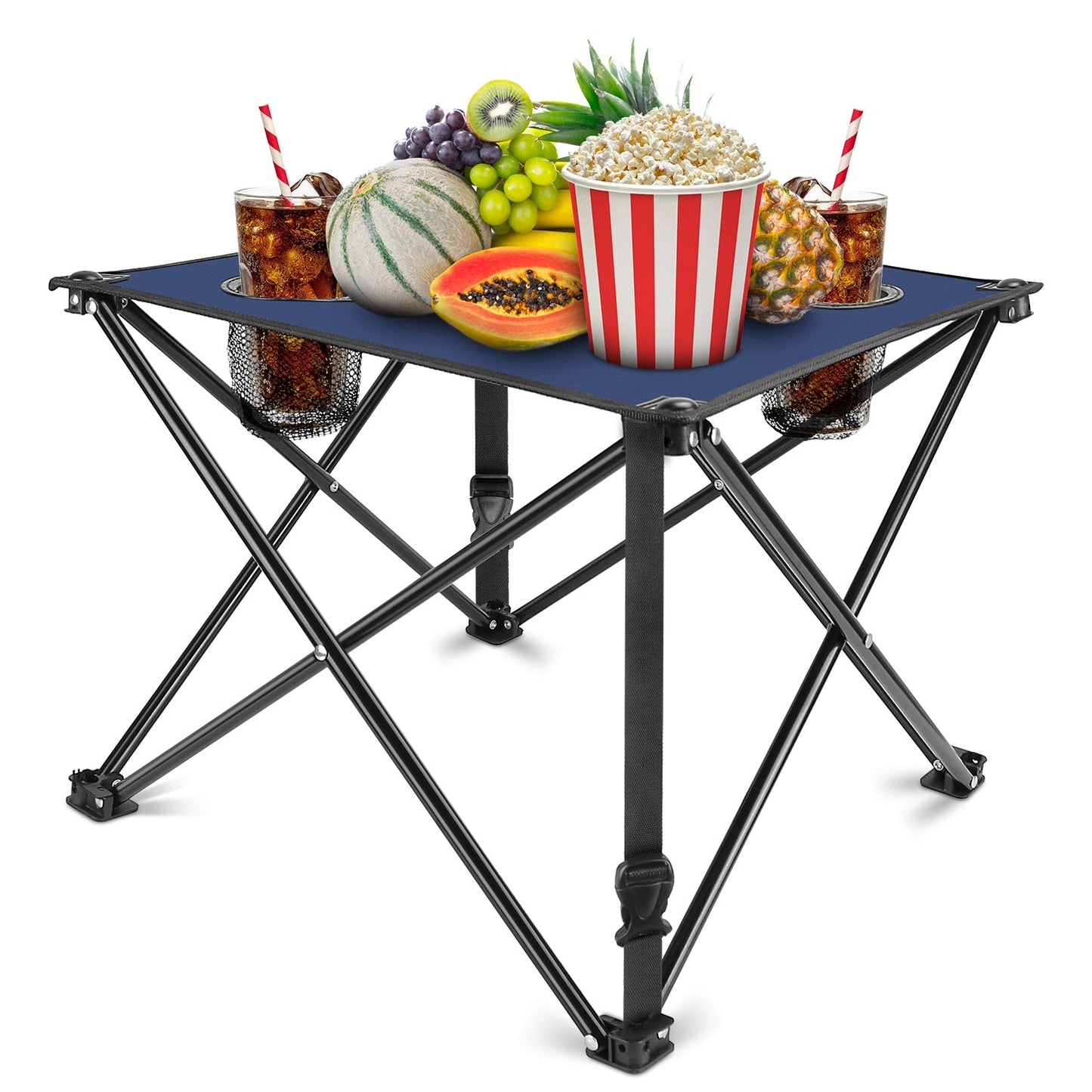 GemGear foldable camping table with blue top and 2 cup holders on Tampa Home & Garden Store