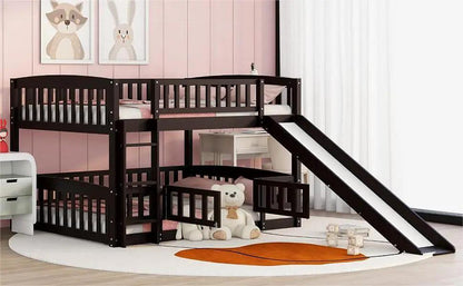 Low Bunk Bed With Slide Fence and Ladder