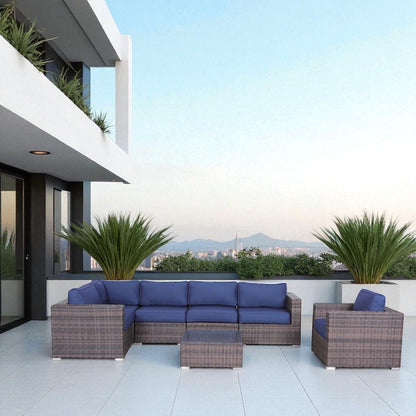 Wicker outdoor seating group with blue cushions and coffee table, 3 piece patio set HouseOfZazla on Tampa Home & Garden Store
