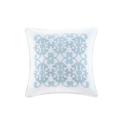 Microfiber decorative pillow, white with light blue embroidered scrollwork pattern on Tampa Home & Garden Store