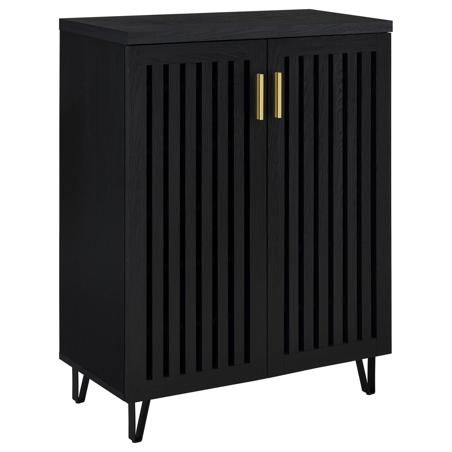 Clackamas 2-Door Storage Cabinet HouseOfZazla, black wood with slats and adjustable shelves on Tampa Home & Garden Store