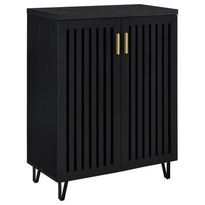 Clackamas 2-Door Storage Cabinet HouseOfZazla, black wood with slats and adjustable shelves on Tampa Home & Garden Store