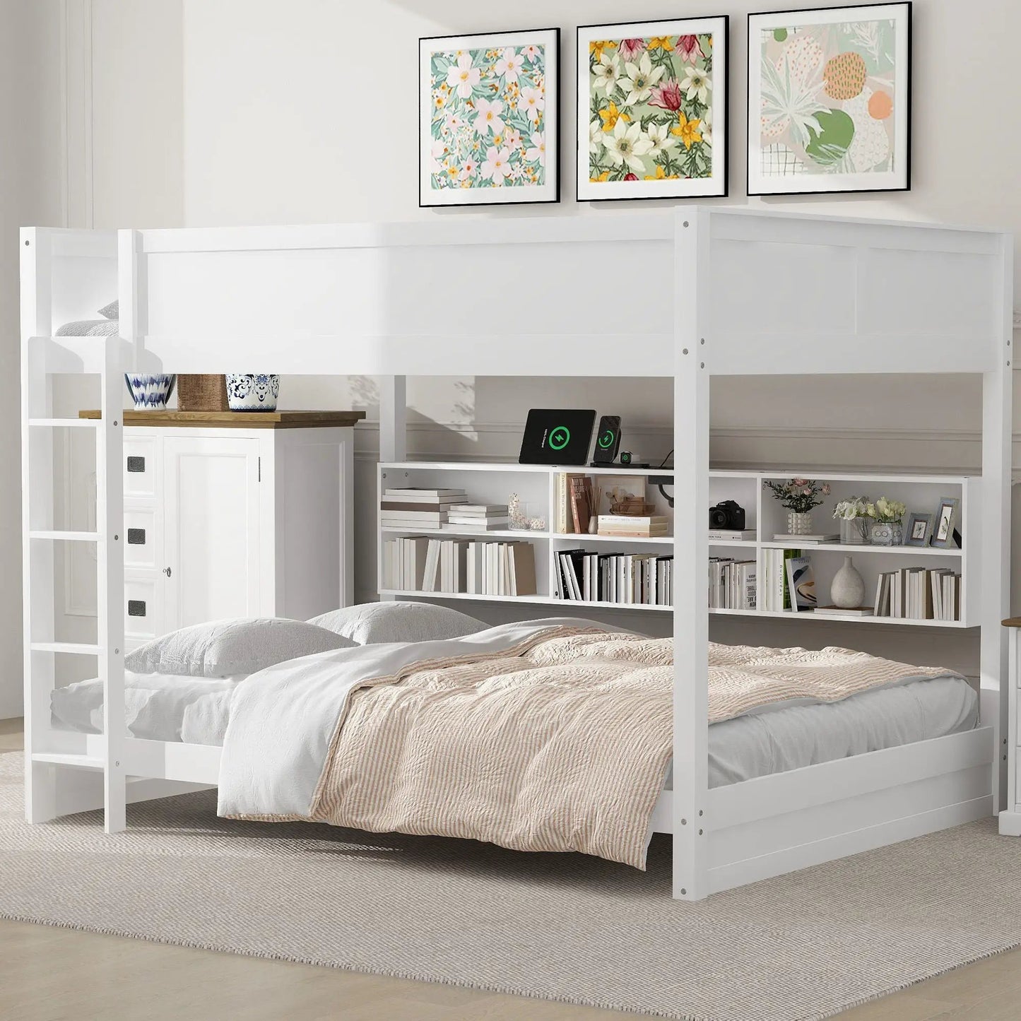 Bunk bed with storage cabinets and USB ports, white, ladder on left, built-in shelves on Tampa Home & Garden Store