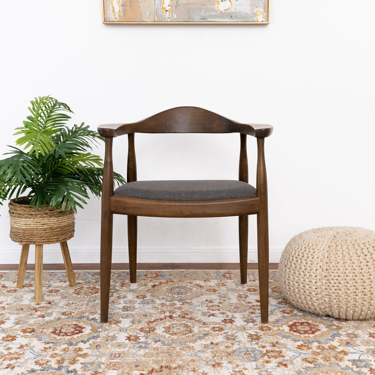 Mid-Century Modern armchair, dark brown wood frame with gray upholstered seat HouseOfZazla on Tampa Home & Garden Store