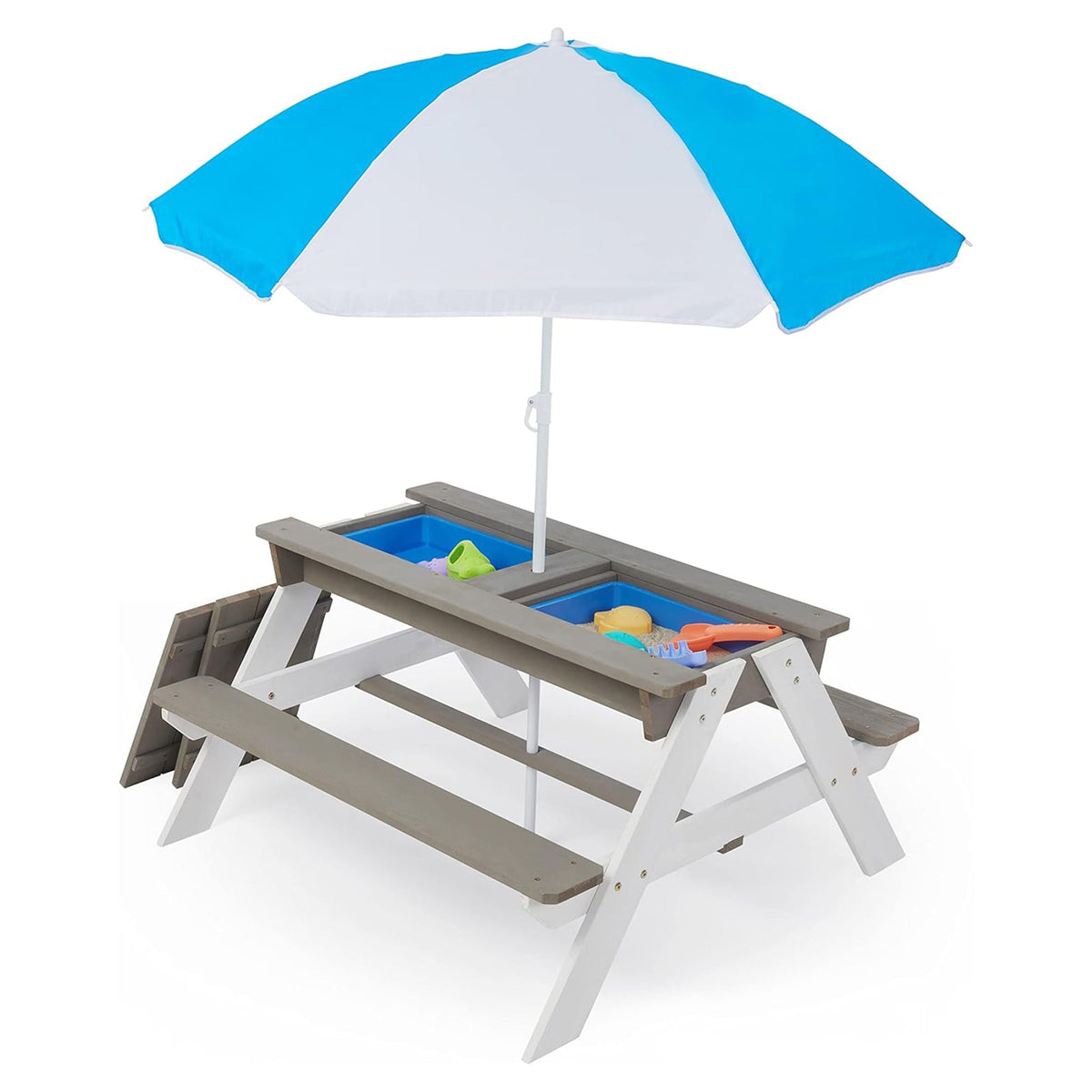 Kids cedar outdoor picnic table with built-in sand and water play trays under a blue umbrella on Tampa Home & Garden Store