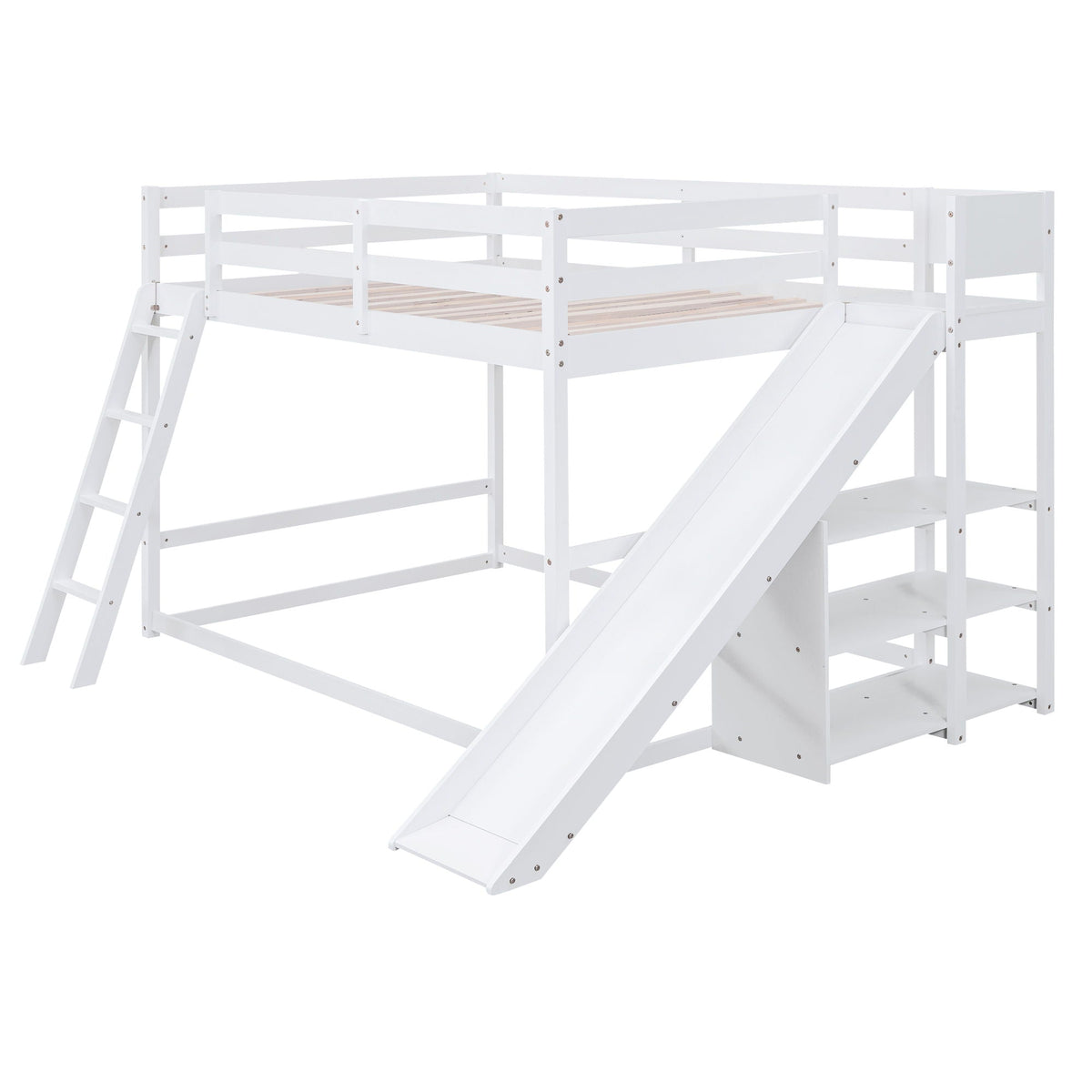 White bunk bed with ladder and slide, pine wood slats, HouseOfZazla on Tampa Home & Garden Store
