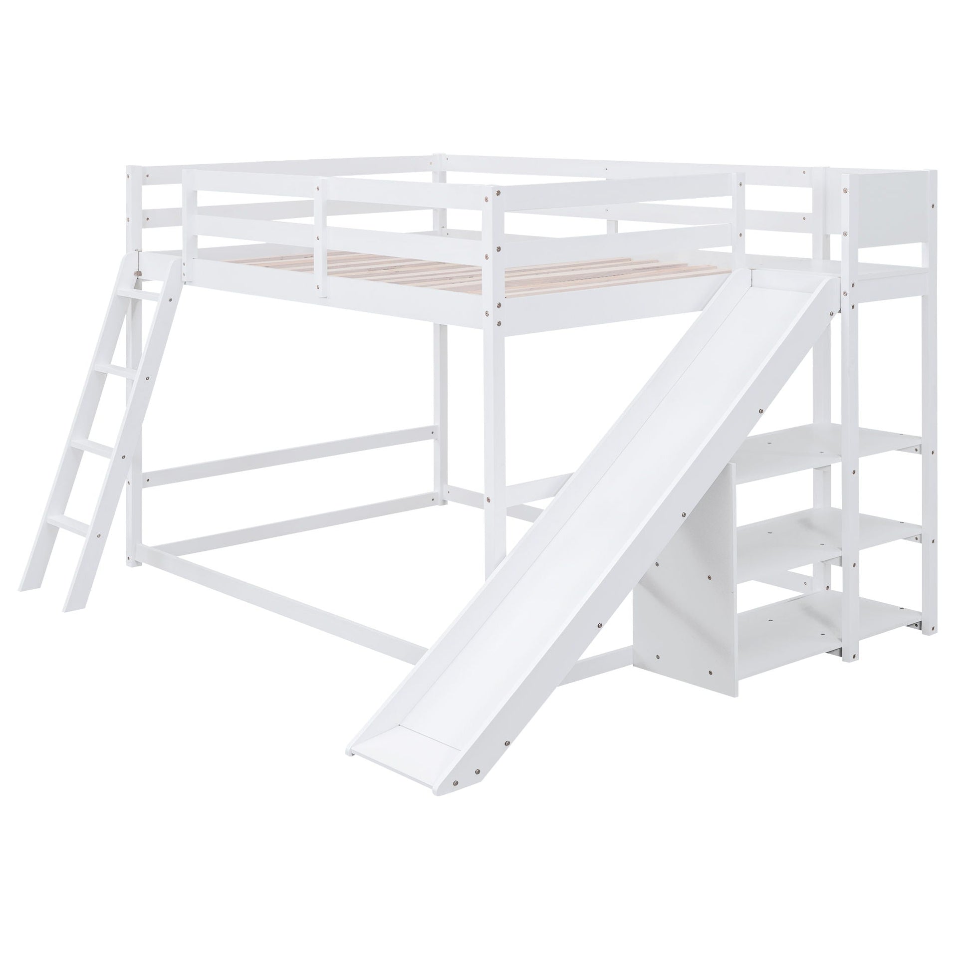 White bunk bed with ladder and slide, pine wood slats, HouseOfZazla on Tampa Home & Garden Store