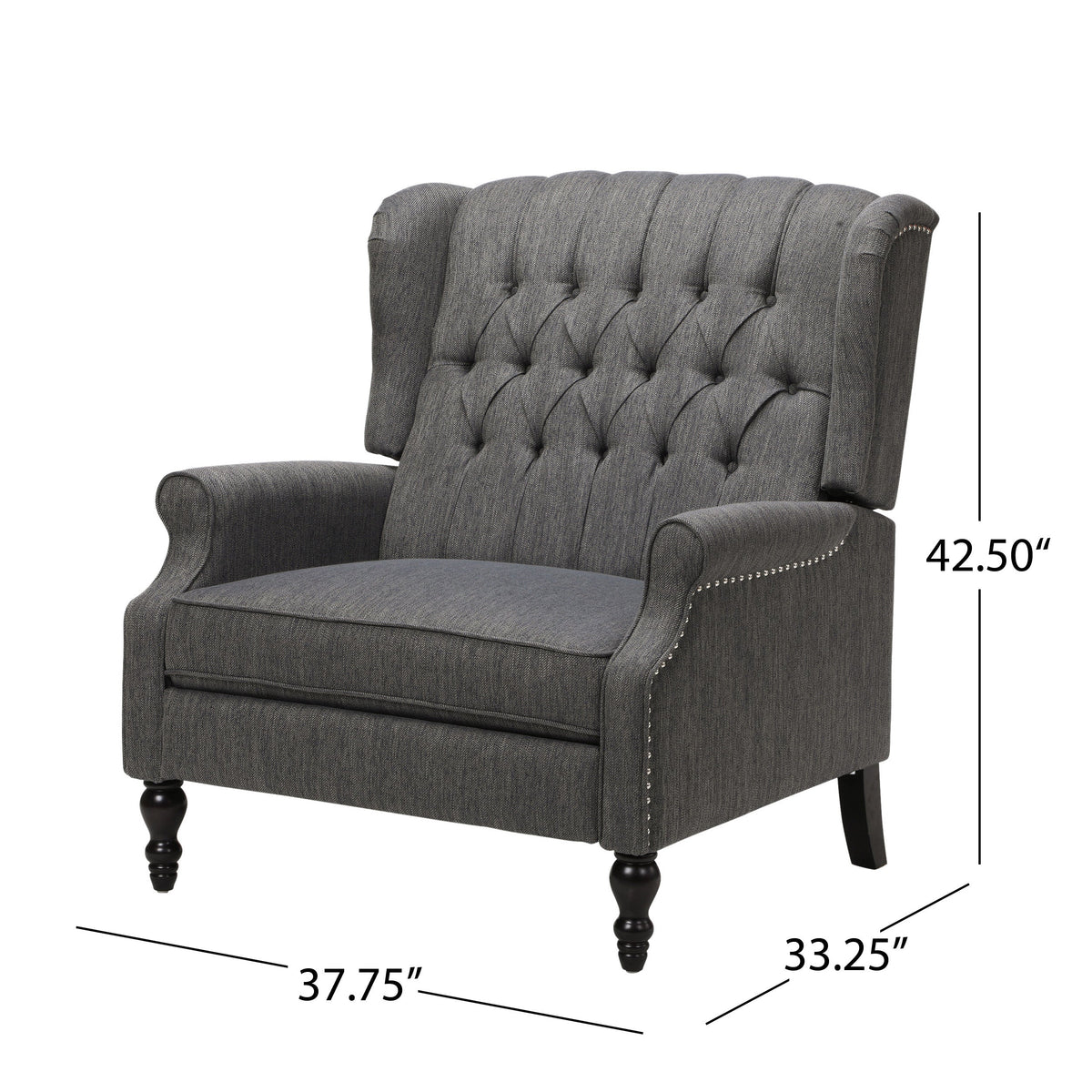 Oversized tufted wingback recliner gray fabric with nailhead trim HouseOfZazla wood legs on Tampa Home & Garden Store