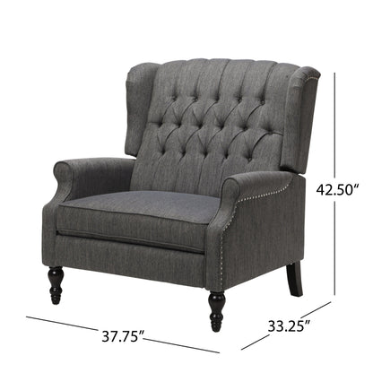 Oversized tufted wingback recliner gray fabric with nailhead trim HouseOfZazla wood legs on Tampa Home & Garden Store