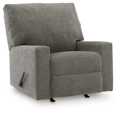 Clarington Rocker Recliner greystone gray fabric, high back, cushioned arms, side lever on Tampa Home & Garden Store