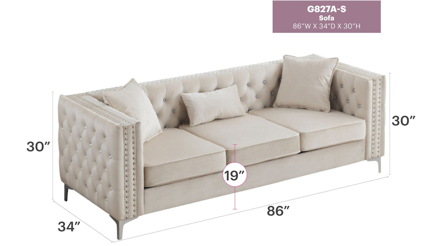 Paige Stationary Sofa by HouseOfZazla, beige tufted upholstery with nailhead trim, 86W x 34D x 30H on Tampa Home & Garden Store