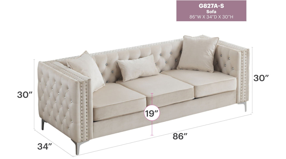 Paige Stationary Sofa by HouseOfZazla, beige tufted upholstery with nailhead trim, 86W x 34D x 30H on Tampa Home & Garden Store
