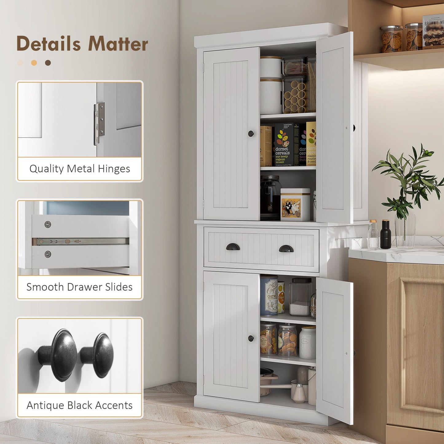 Freestanding White Kitchen Pantry and Cabinet