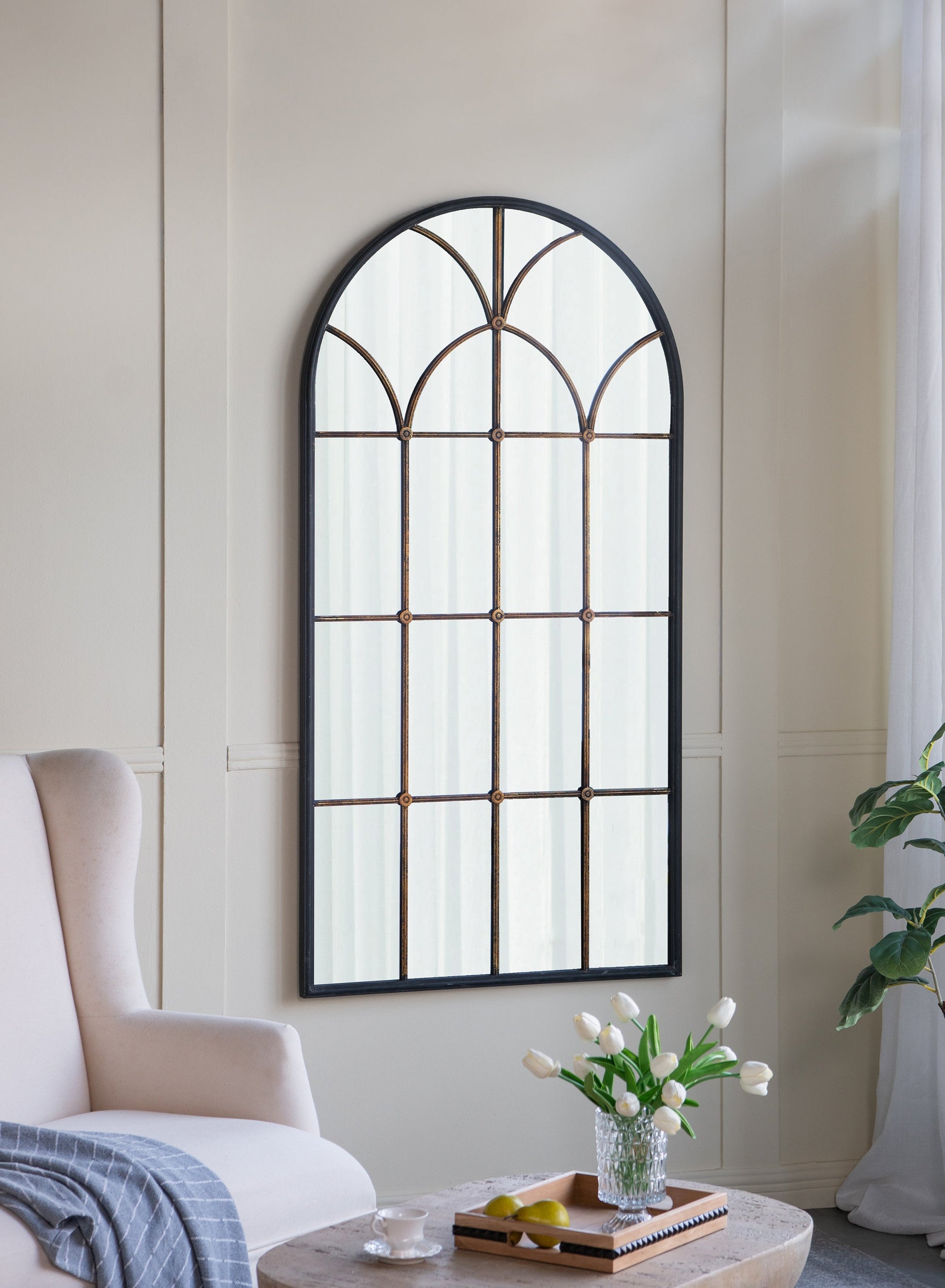 34x65.5in arched full-length mirror with black frame and gold windowpane design HouseOfZazla on Tampa Home & Garden Store