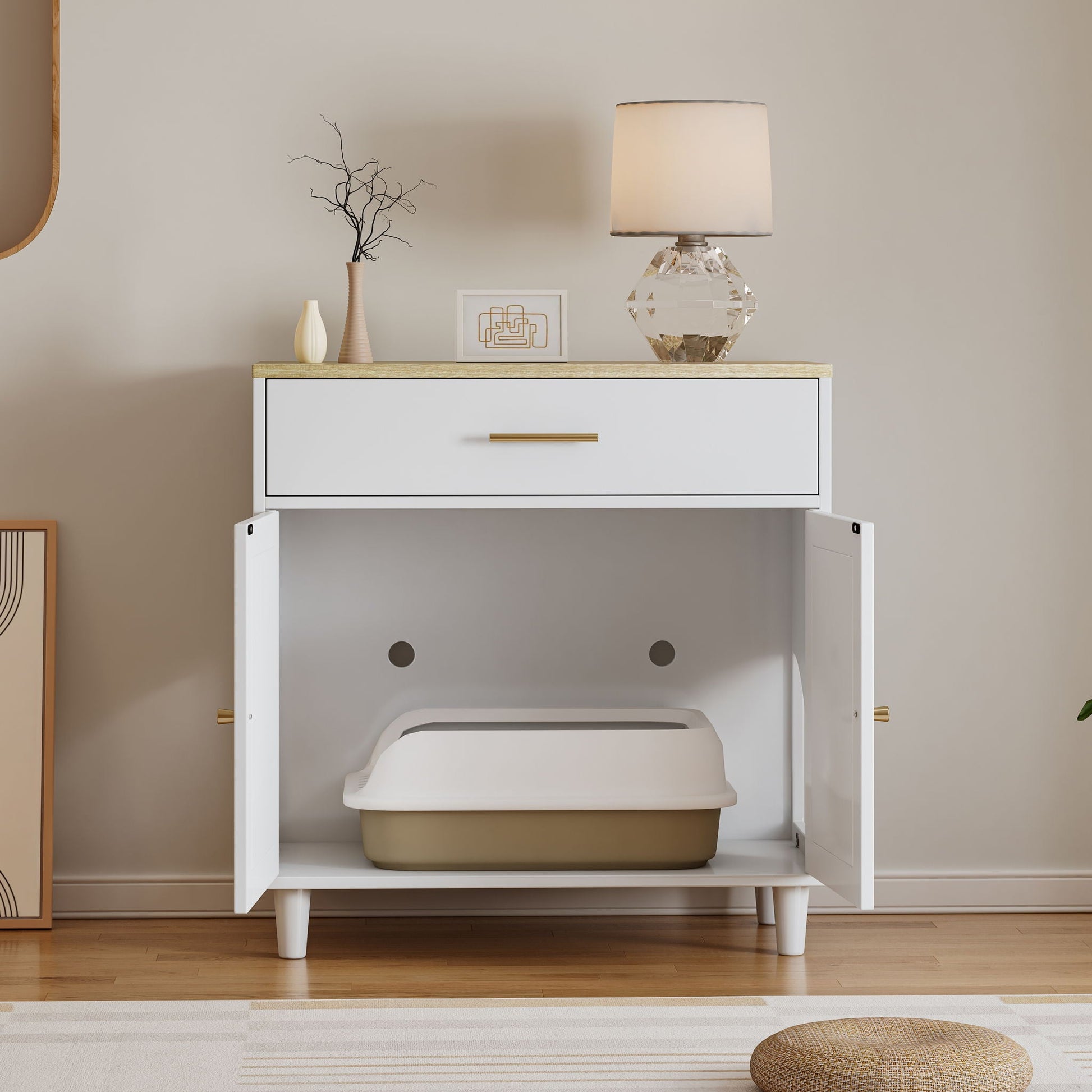 HouseOfZazla cat litter box enclosure with scratch pad in white/light brown wood cabinet on Tampa Home & Garden Store