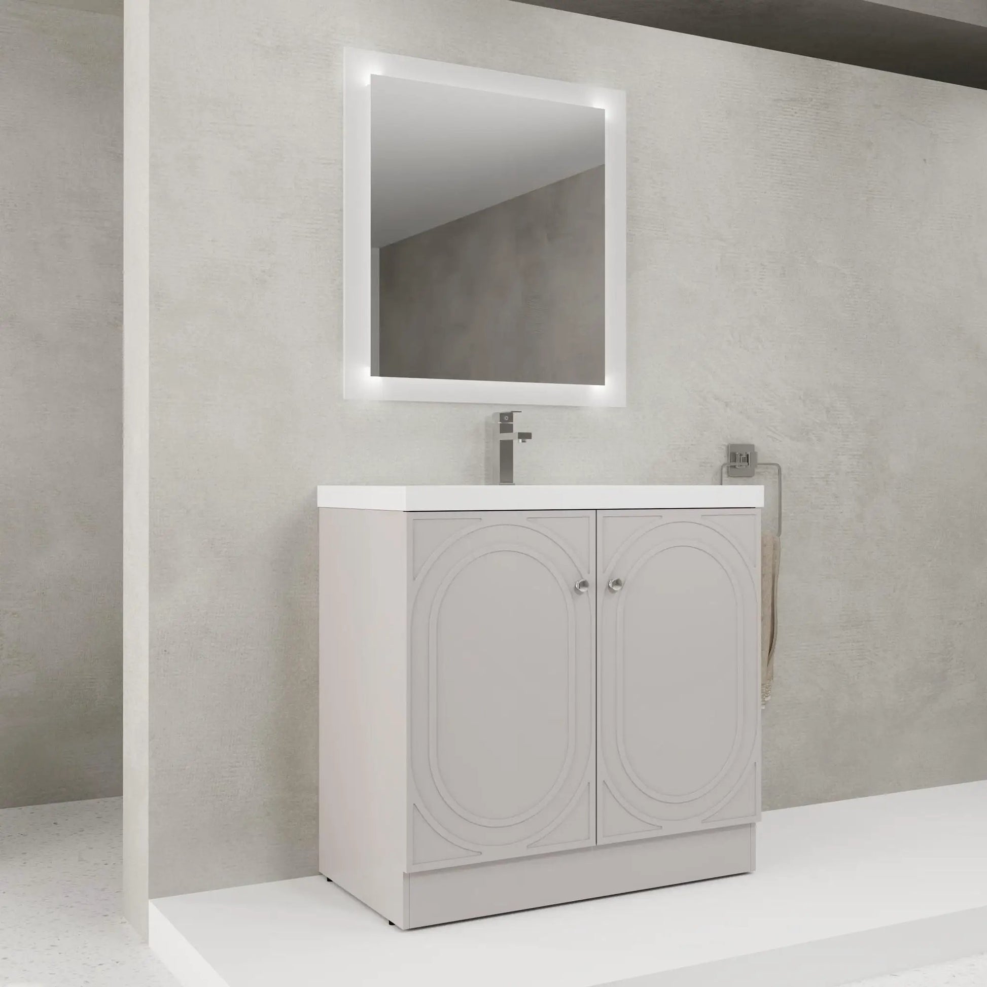 Contemporary freestanding bathroom vanity with resin sink and soft-close arched-panel doors on Tampa Home & Garden Store