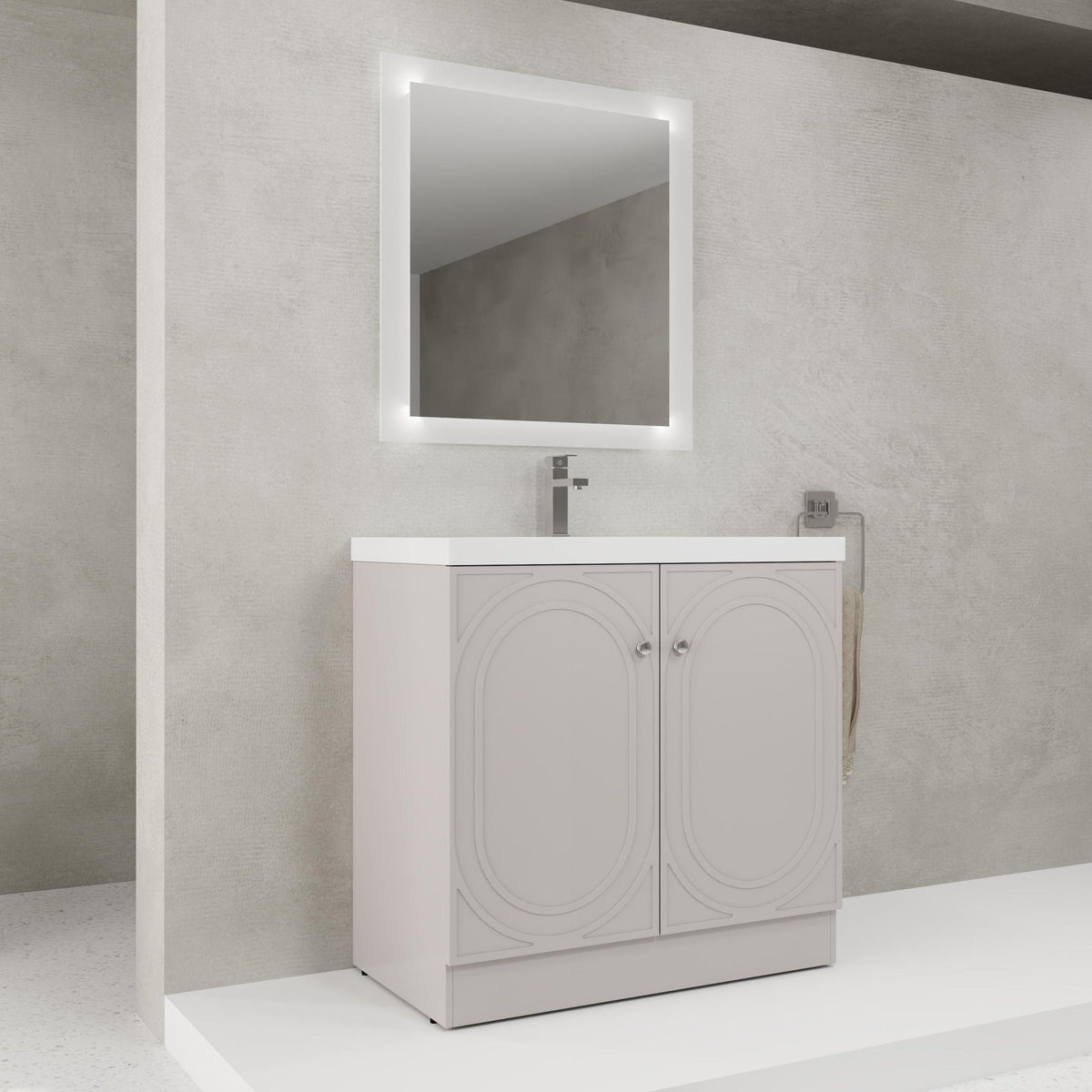 Freestanding Bath Vanity With Resin Sink And Door, white cabinet with arched panel doors on Tampa Home & Garden Store