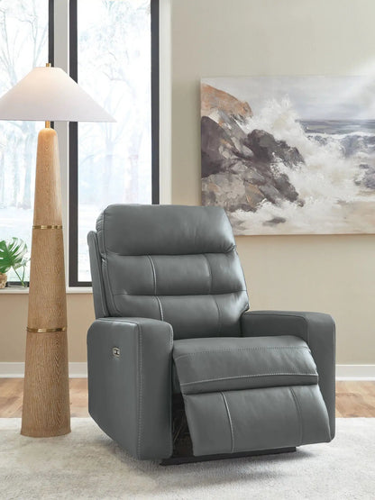 Pennacle Pier power recliner with adjustable headrest in gray leather upholstery on Tampa Home & Garden Store