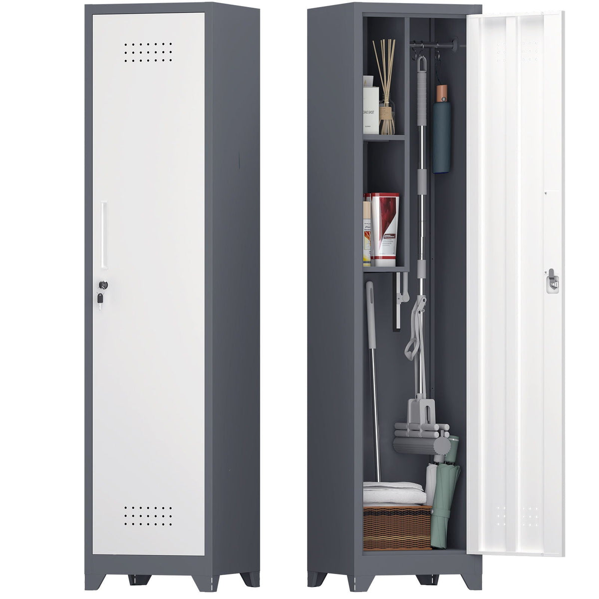Broom storage cabinet narrow slim with hooks and shelves, heavy-duty gray by HouseOfZazla on Tampa Home & Garden Store