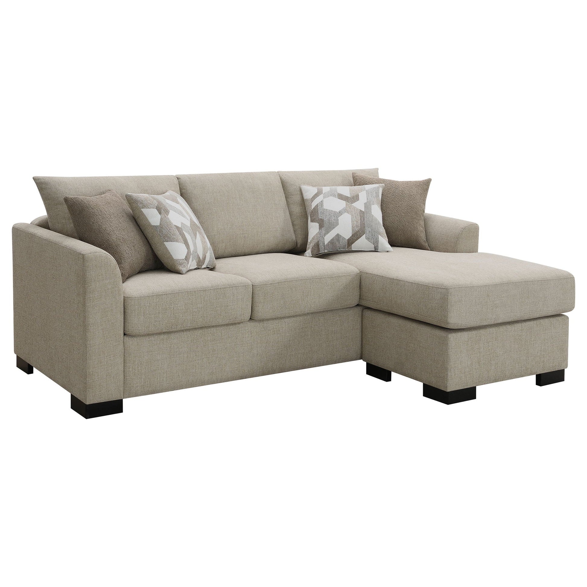Pacheco Sleeper Sectional Chaise Sofa beige fabric with geometric pillows HouseOfZazla on Tampa Home & Garden Store