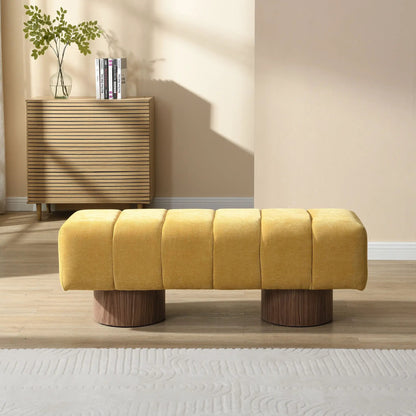 Upholstered dining bench in mustard yellow fabric with round legs by Unique Piece Furniture on Tampa Home & Garden Store