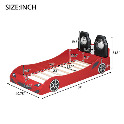 Race car bed with LED and upholstered backrest, red chassis, black seats by HouseOfZazla on Tampa Home & Garden Store