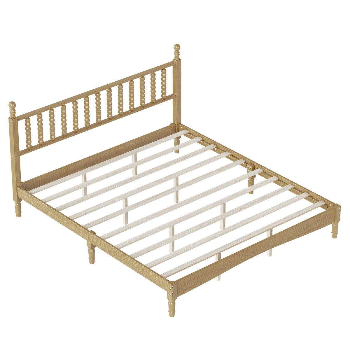 King size wooden bed frame with gourd spindle headboard and slats, oak, HouseOfZazla on Tampa Home & Garden Store