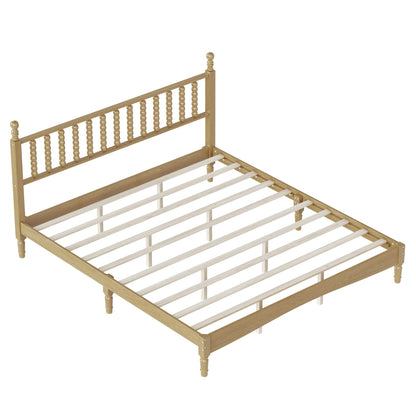 King size wooden bed frame with gourd spindle headboard and slats, oak, HouseOfZazla on Tampa Home & Garden Store