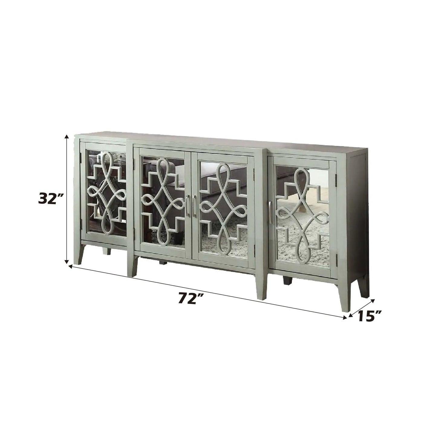 Kacia Console Cabinet by Unique Piece Furniture; gray accent cabinet with mirrored doors on Tampa Home & Garden Store
