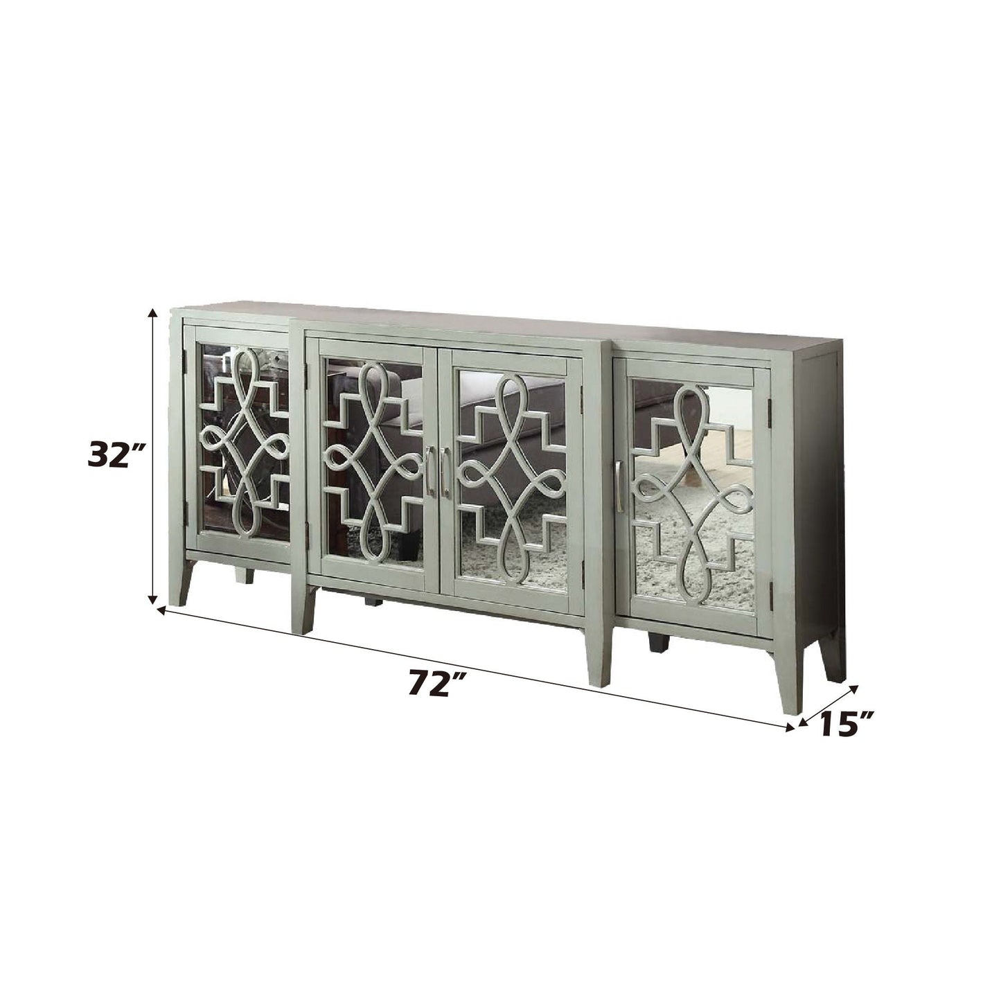 Kacia Console Cabinet in gray-green with mirrored doors and lattice metalwork, 72in W x 32in H x 15in D on Tampa Home & Garden Store