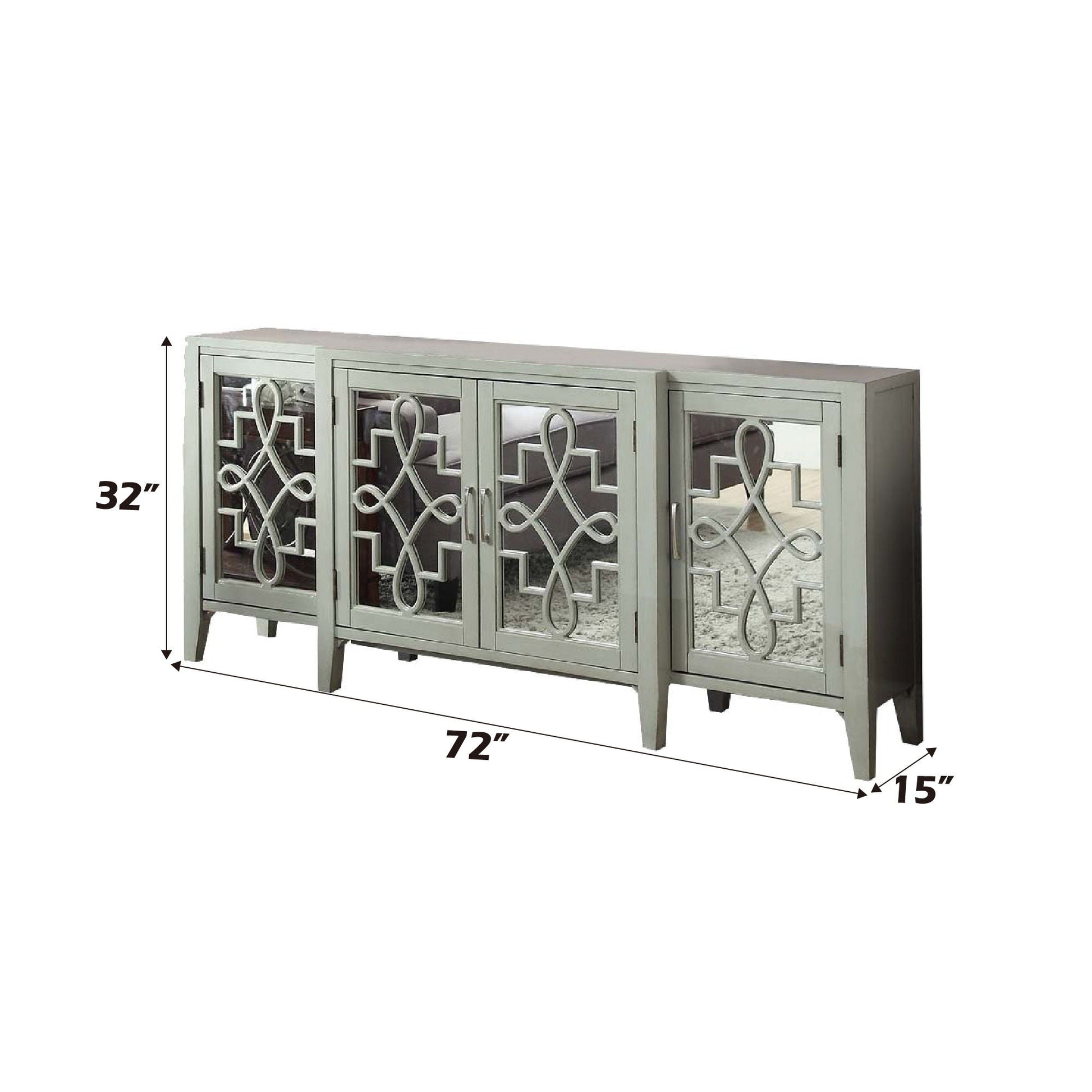 Kacia Console Cabinet in gray-green with mirrored doors and lattice metalwork, 72in W x 32in H x 15in D on Tampa Home & Garden Store