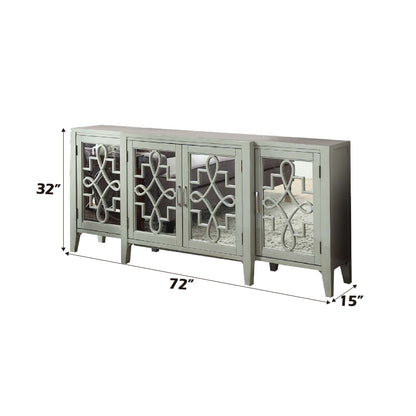 Kacia Console Cabinet in gray-green with mirrored doors and lattice metalwork, 72in W x 32in H x 15in D on Tampa Home & Garden Store