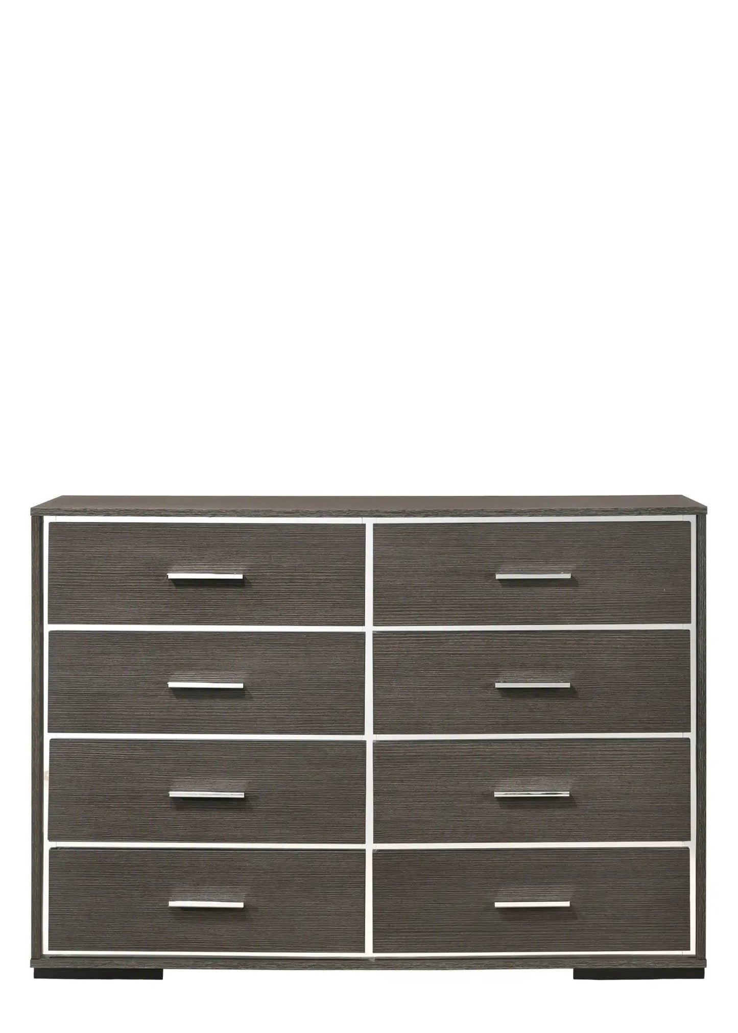 Escher dresser gray oak with eight dark wood drawers and silver handles, chrome frame on Tampa Home & Garden Store