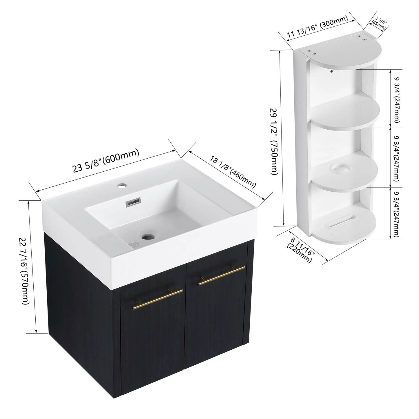 Modern Wall Mounted Vanity Resin Sink and Rack