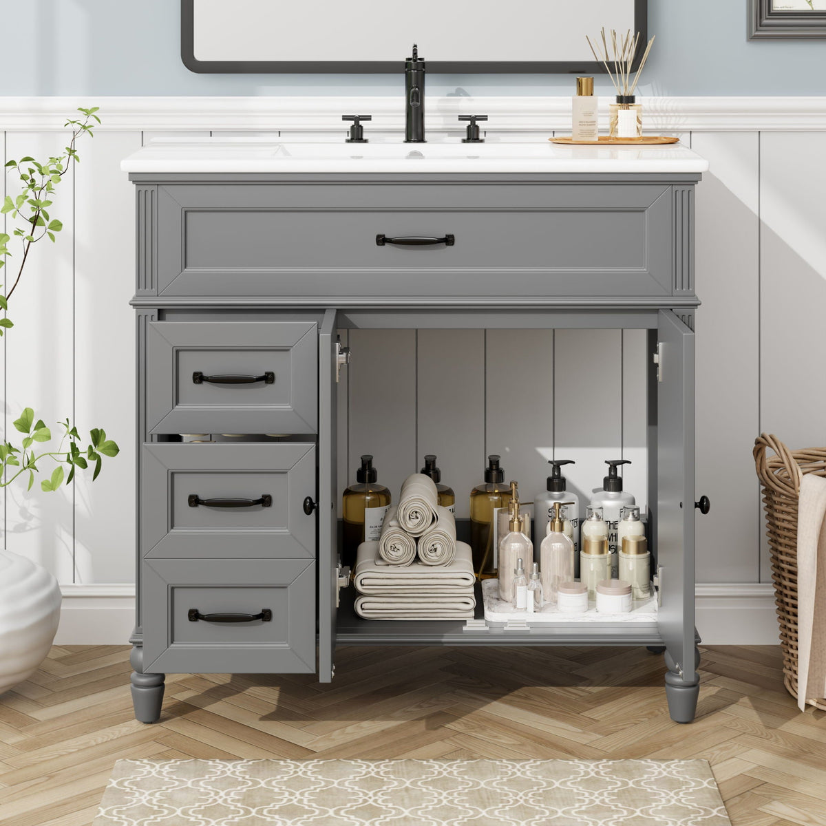 Freestanding gray bathroom vanity with sink and drawers, solid wood cabinet by HouseOfZazla on Tampa Home & Garden Store