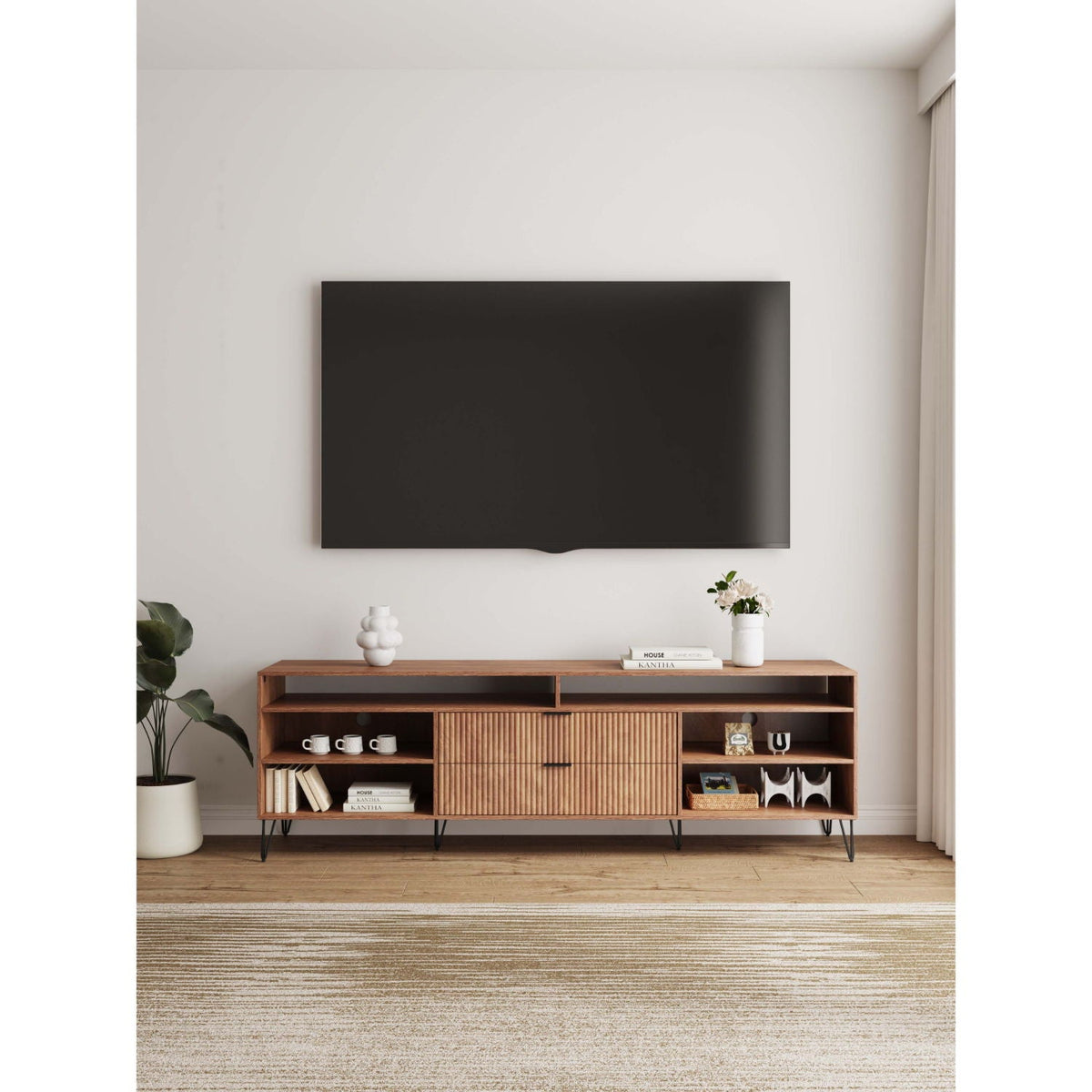 Fluted TV stand with storage and metal legs in walnut finish by HouseOfZazla on Tampa Home & Garden Store