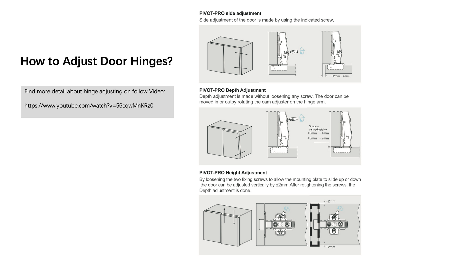 Tulio bathroom vanity hinge adjustment diagrams with Pivot-Pro side, depth, and height steps on Tampa Home & Garden Store