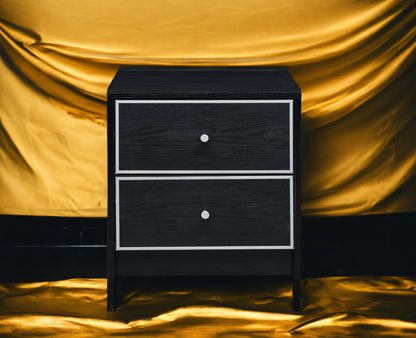 Modern black three-drawer nightstand with silver-edged fronts and round knobs on Tampa Home & Garden Store