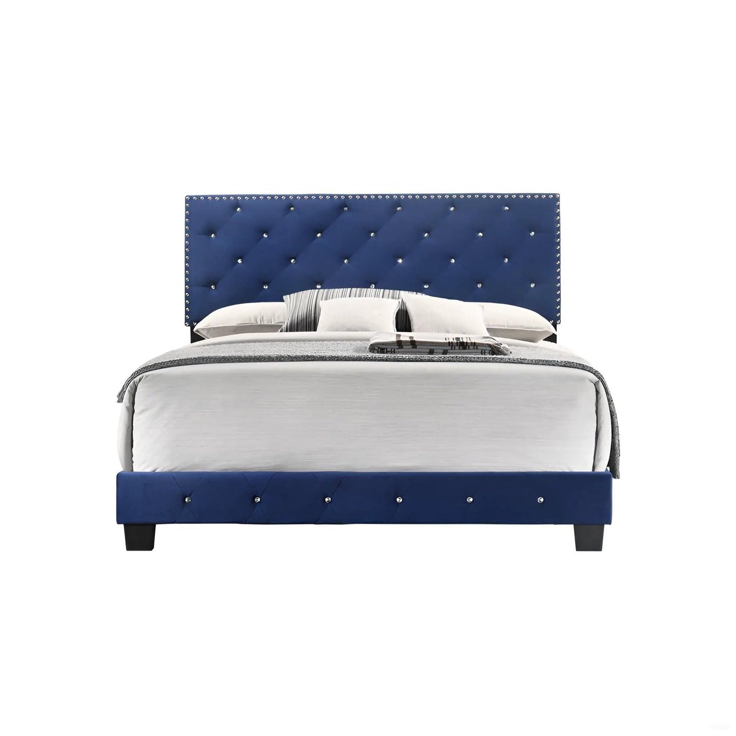 Luxurious blue tufted upholstered bed by Unique Piece Furniture with nailhead trim on Tampa Home & Garden Store