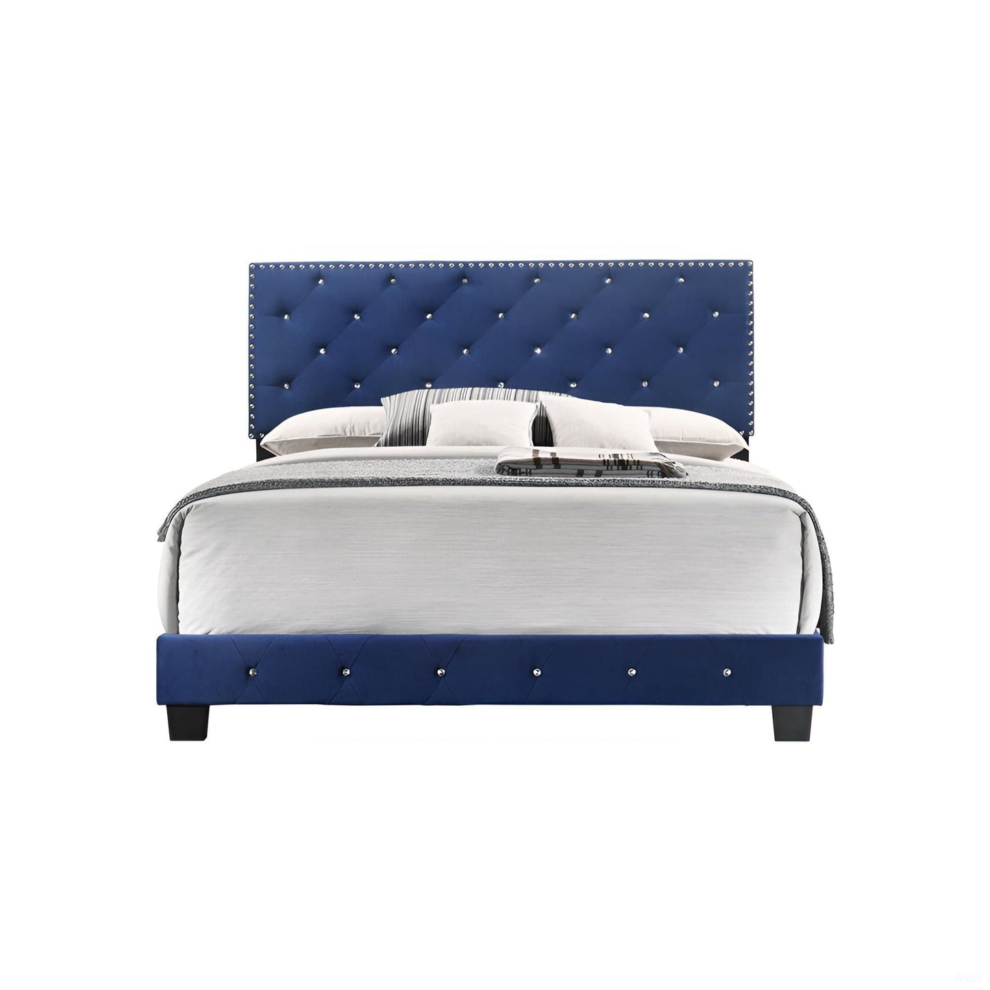 Luxurious upholstered bed with blue tufted headboard and nailhead trim by HouseOfZazla on Tampa Home & Garden Store