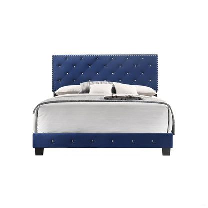 Luxurious upholstered bed with blue tufted headboard and nailhead trim by HouseOfZazla on Tampa Home & Garden Store