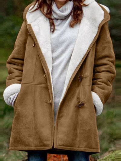 Stevvex pocketed hooded toggle jacket in camel brown with shearling lining on Tampa Home & Garden Store