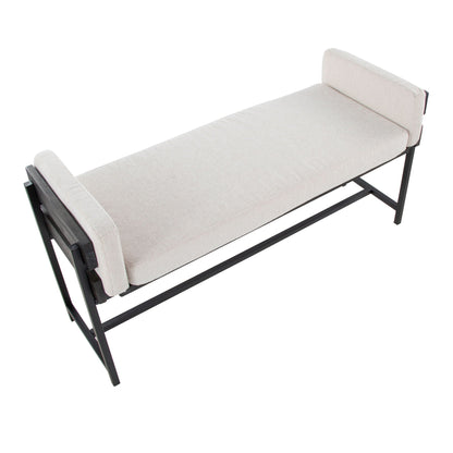 Farmhouse Luxe Upholstered Bench by HouseOfZazla with Wood Panel Accent in light beige fabric on Tampa Home & Garden Store