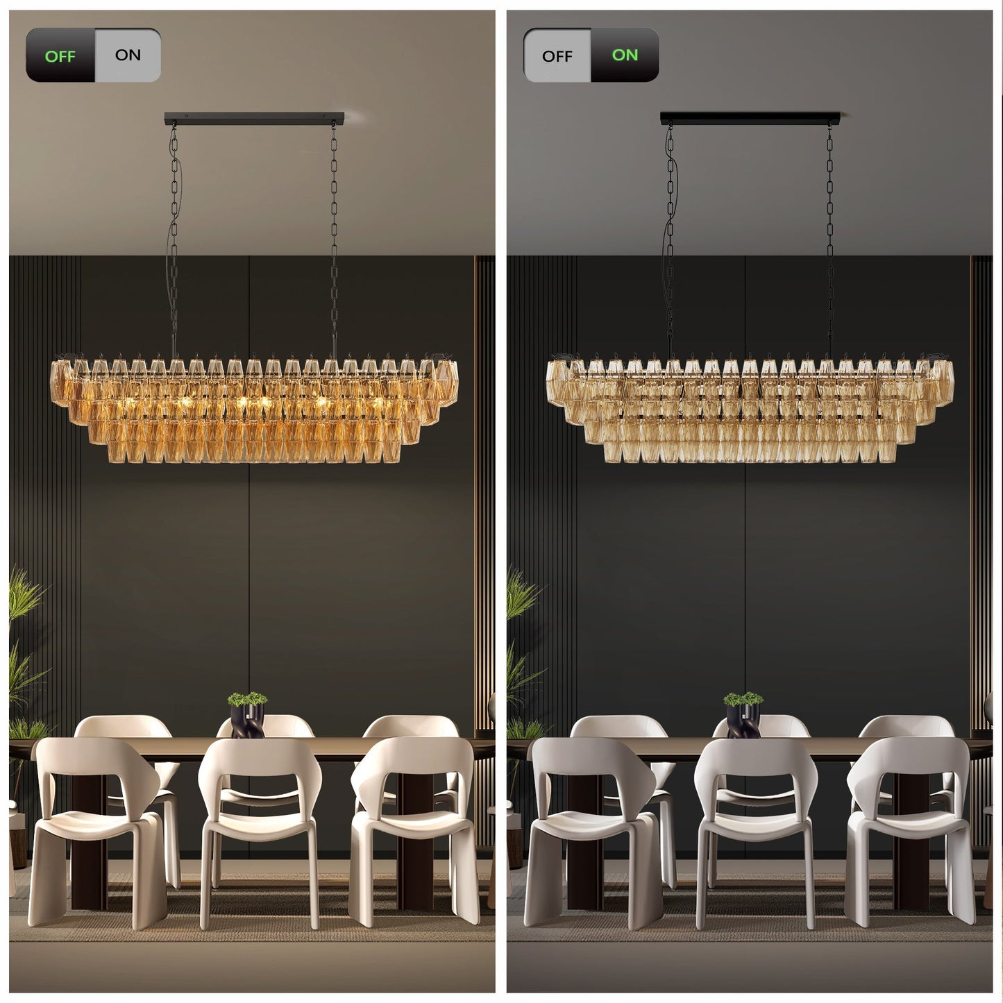 54-Inch Black Rectangular 12-Light Smoke Glass Chandelier by HouseOfZazla over dining table on Tampa Home & Garden Store