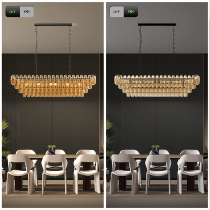 54-Inch Black Rectangular 12-Light Smoke Glass Chandelier by HouseOfZazla over dining table on Tampa Home & Garden Store