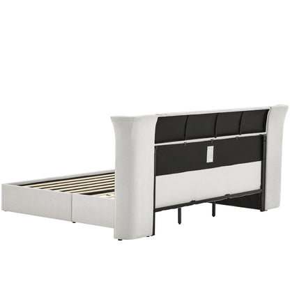 King Size Wing-Back Upholstered Bed Frame Beige with padded headboard and metal legs on Tampa Home & Garden Store